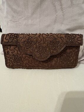 Beaded Floral Brown Clutch Bag - Elegant Evening wear- vintage made in Japan